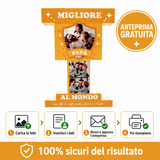 Trofeo di mattoncini arancioni con foto e scritte “MIGLIORE PAPÀ” e “AL MONDO”