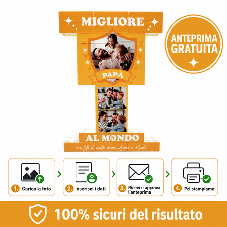 Trofeo di mattoncini arancioni con foto e scritte “MIGLIORE PAPÀ” e “AL MONDO”