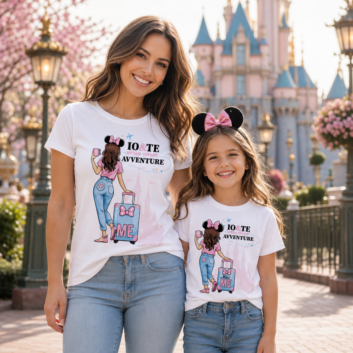 Set di 2 t-shirt bianche indossate, stampa a fumetto con “IO & TE AVVENTURE”