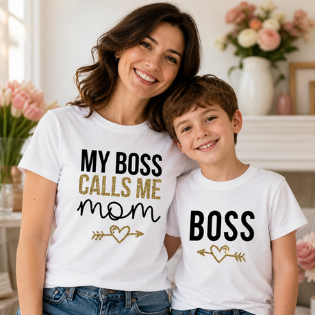 Set t-shirt bianche mamma e bambino con scritte “MY BOSS CALLS ME mom” e “BOSS”