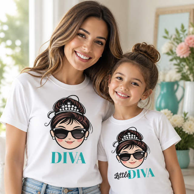 Set di magliette bianche mamma e figlia con stampa "DIVA" e "Little DIVA".