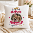 Cuscino bianco con stampa «Miglior Mamma al Mondo», corona e foto; ti voglio bene, Bianca