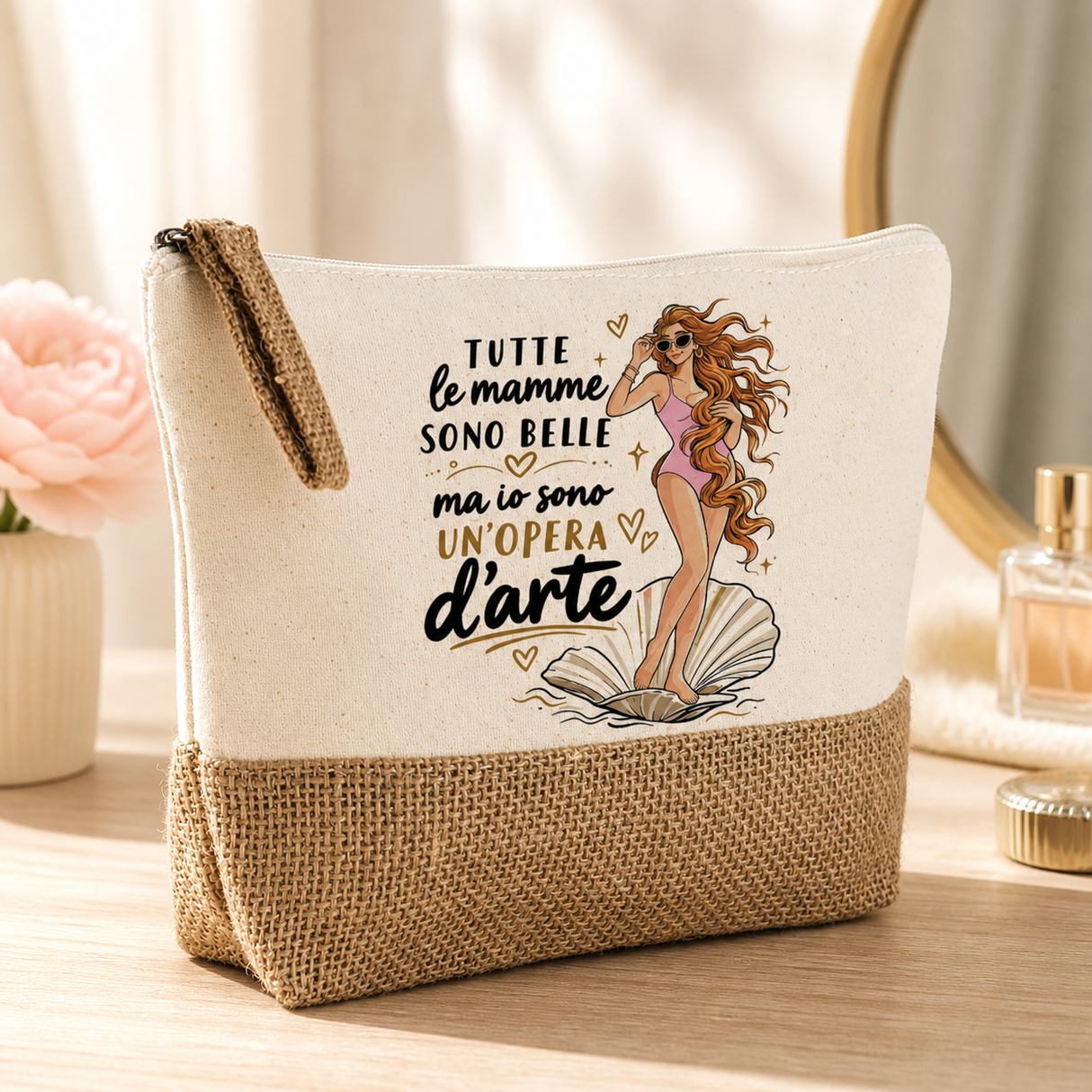 Pochette in cotone e juta con stampa donna d’arte; base in juta intrecciata