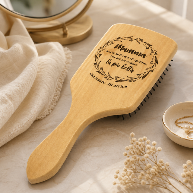 Spazzola per capelli in legno sagomata con scritta “Mamma” e setole nere
