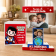 Trofeo di costruzioni rosso con cornice foto papà-figlio e scritta Super Papà