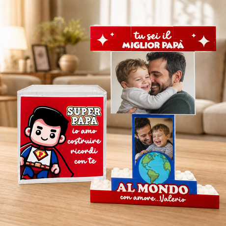 Trofeo di costruzioni rosso con cornice foto papà-figlio e scritta Super Papà