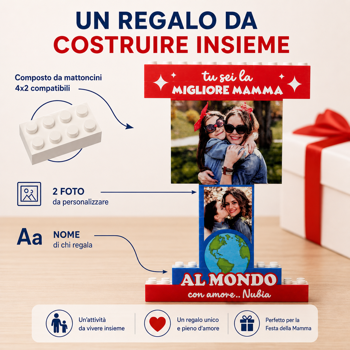 Trofeo di mattoncini con due foto e scritta “Migliore mamma”, base “ALMONDO”