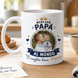 Tazza bianca con stampa “Miglior Papà al Mondo”, foto e scritta “Ti voglio bene, Mario”