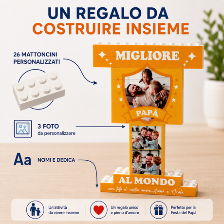 Trofeo di mattoncini arancioni con foto personalizzate e scritta “MIGLIORE PAPÀ”