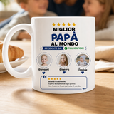 Tazza bianca con stampa “Miglior Papà al Mondo” e tre foto dei figli: Giovanni, Ginevra, Davide