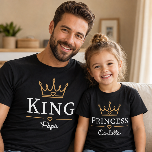 Set di due t-shirt nere con corone dorate e scritte “King” e “Princess”