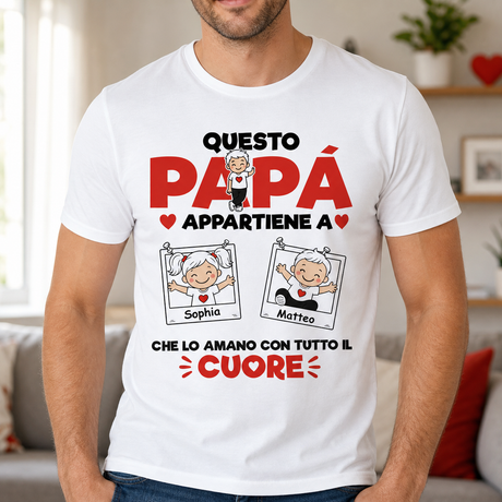 T-shirt bianca con stampa “Questo Papà appartiene a” e nomi dei figli