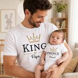 T-shirt bianca papà con corona KING e t-shirt bianca bimbo con corona PRINCE