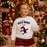 Felpa bianca con pinguino Polo Nord sui pattini e nome Katia; bimba con gonna tartan
