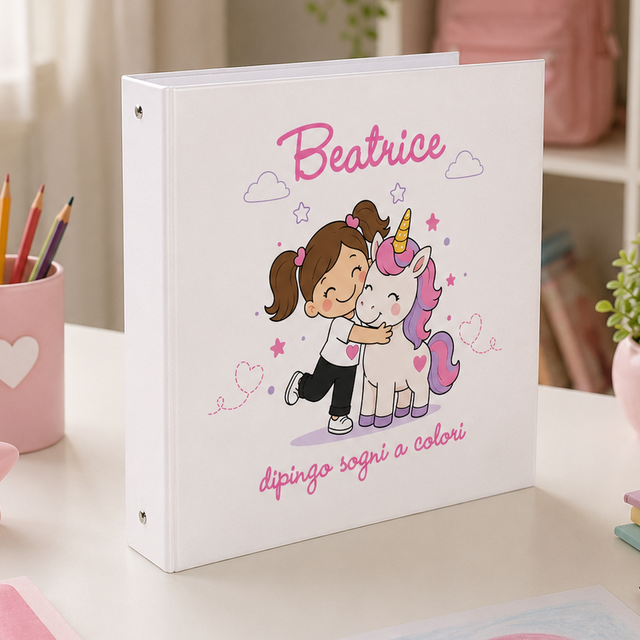 Raccoglitore A4 con copertina bianca: unicorno rosa e nome color fucsia