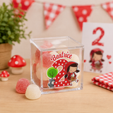 Portaconfetti trasparente con scritta Beatrice e illustrazione Cappuccetto Rosso, caramelle