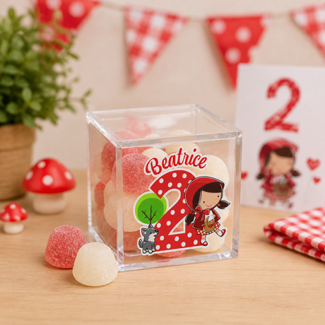 Portaconfetti trasparente con scritta Beatrice e illustrazione Cappuccetto Rosso, caramelle