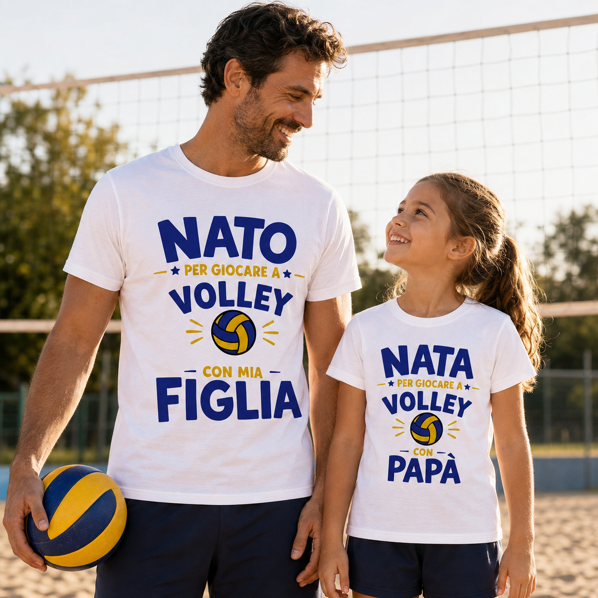 T-shirt bianca uomo e bambina con grafica “NATO VOLLEY” e pallavolo