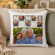 Cuscino bianco con collage di 5 foto e scritta “NONNI” sul fronte