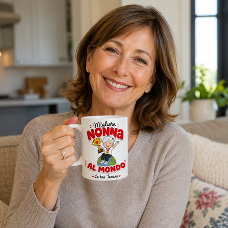 Donna sorride tenendo una tazza bianca “Migliore Nonna al Mondo” con “La tua Tamara”.