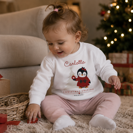 Felpa bianca bambino con pinguino e nome Carlotta, Christmas Edition