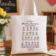 Shopper bianca con stampa colorata Cara Maestra e nomi degli alunni