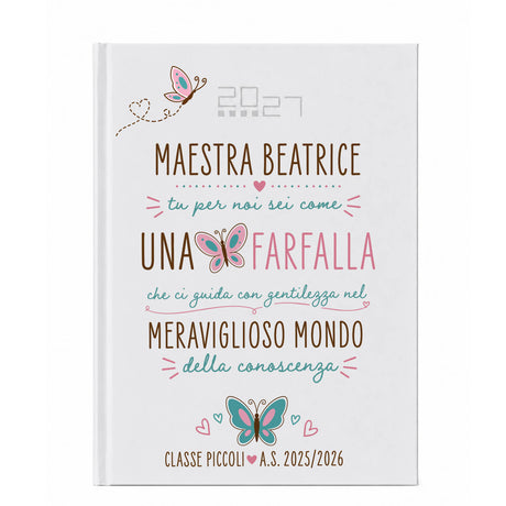 Agenda personalizzata per maestra con copertina bianca e farfalla colorata