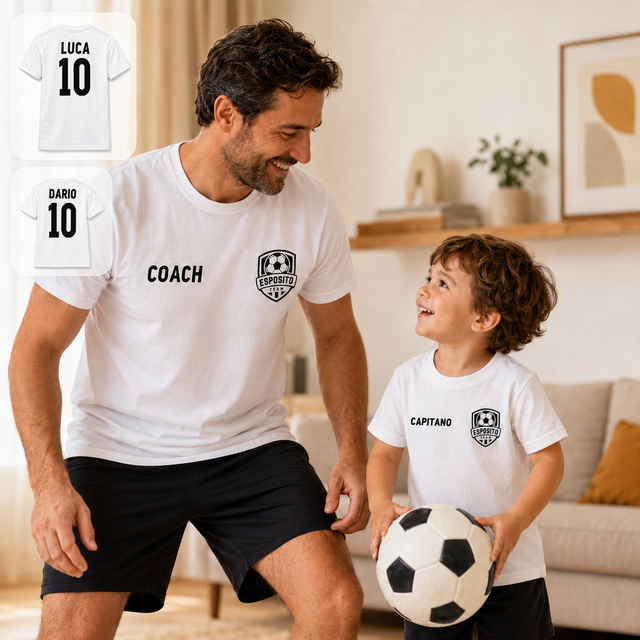 Coppia di magliette bianche coach e capitano con logo calcistico per padre e figlio