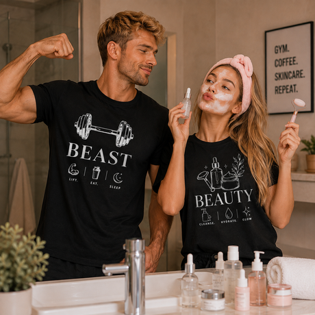 Coppia t-shirt palestra nere con stampa BEAST e BEAUTY