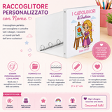 Raccoglitore bianco aperto con anelli e copertina stampata; grafica informativa rosa.