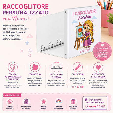 Raccoglitore bianco aperto con anelli e copertina stampata; grafica informativa rosa.