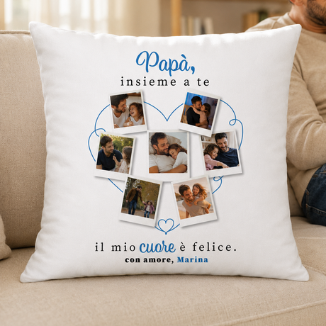 Cuscino bianco con 7 foto, «Papà insieme a te» e «il mio cuore è felice»
