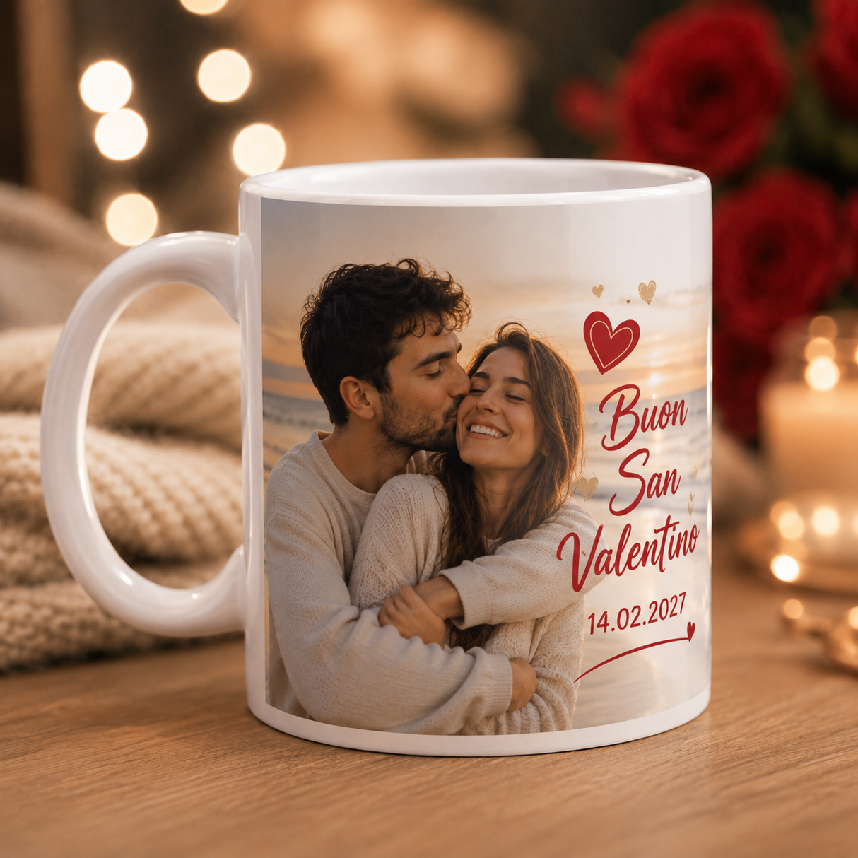Tazza bianca con foto di coppia e testo “Buon San Valentino” con data 14.02.2027