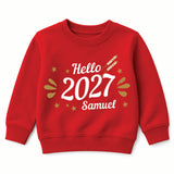 Felpa rossa bimbi con scritta Hello 2027 e nome Samuel