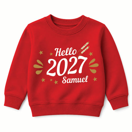 Felpa rossa bimbi con scritta Hello 2027 e nome Samuel