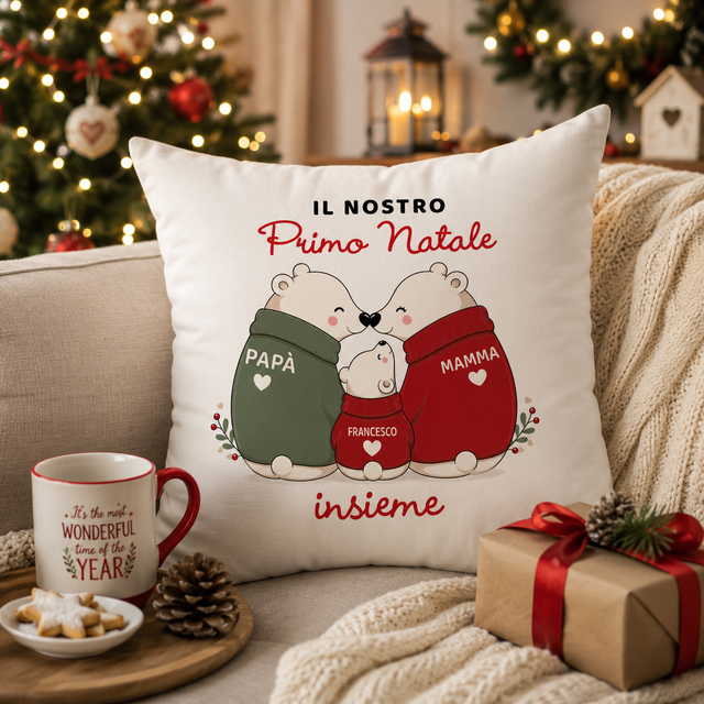 Cuscino bianco su divano con stampa “Il nostro Primo Natale insieme”, Papà e Mamma