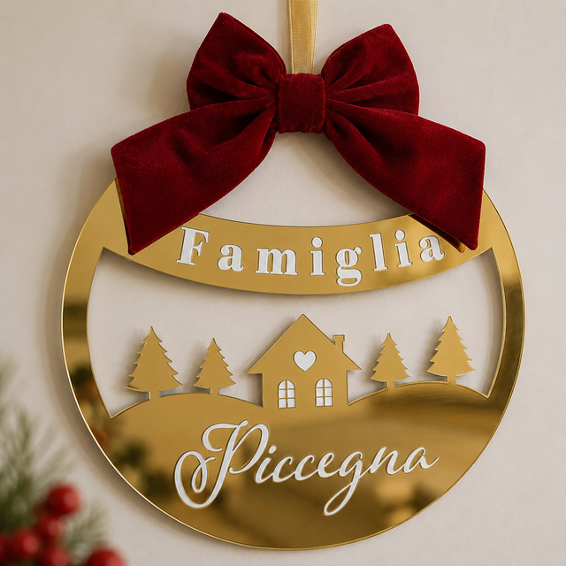 Decorazione natalizia in plexiglass oro tondo con fiocco rosso e nome Famiglia e Piccegna