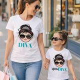Set di magliette bianche mamma e figlia con grafiche "DIVA" e "Little DIVA".