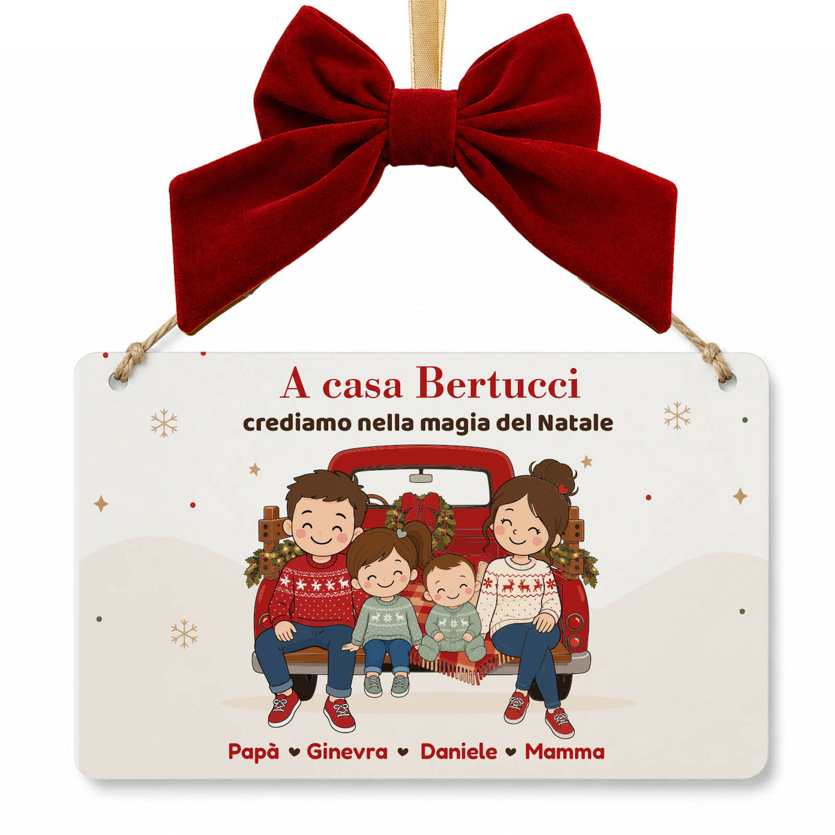 Targa plexiglass bianca con fiocco rosso in velluto e scritta A casa Bertucci