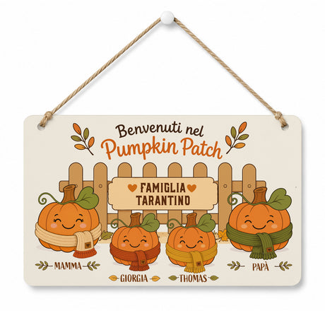 Targa in plexiglass autunnale con zucche e scritta “Benvenuti nel Pumpkin Patch”.