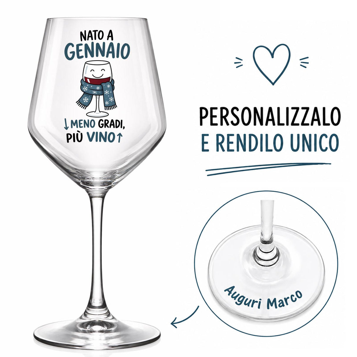 Calice da vino personalizzato con scritta «Nato a Gennaio» e dedica «Auguri Marco»
