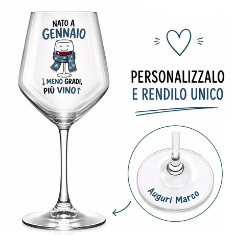 Calice da vino personalizzato con scritta «Nato a Gennaio» e dedica «Auguri Marco»