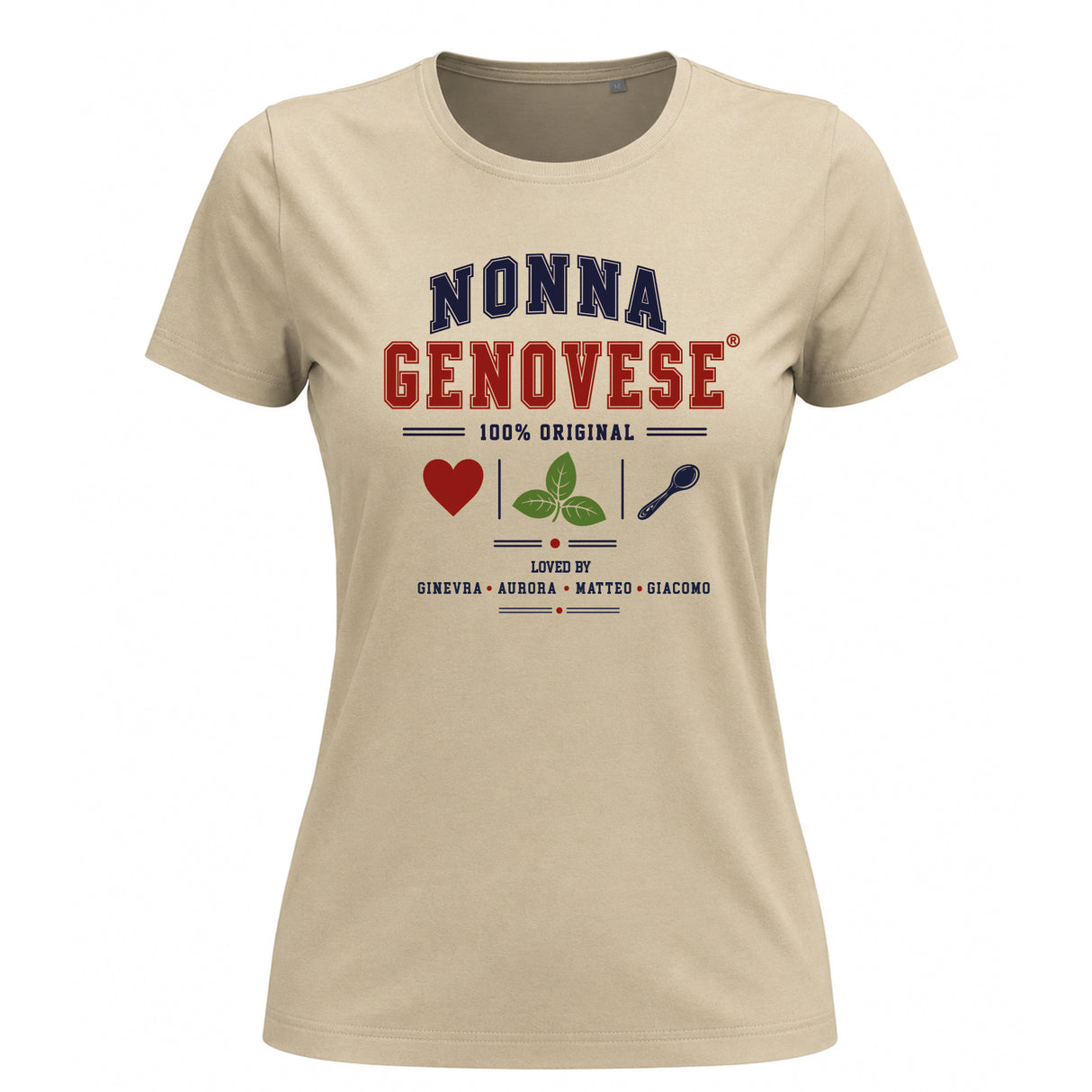 T-shirt da donna beige con stampa “NONNA GENOVESE” blu e rossa, grafica colorata