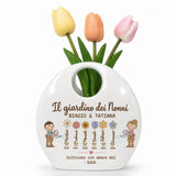 Vaso in ceramica bianco con tulipani, scritta “Il giardino dei nonni”, BIAGIO & TATIANA, 2016