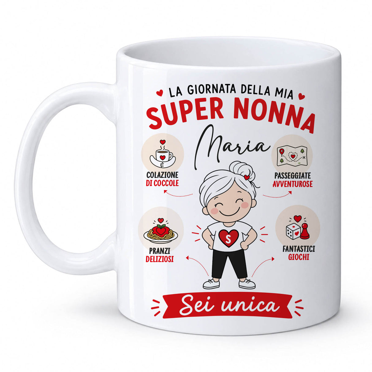 Tazza bianca in ceramica con scritta “Super Nonna” e nome Maria