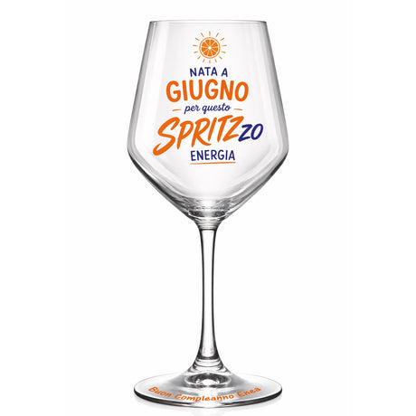 Calice da spritz personalizzato con scritta «Nato a Giugno» e «Spritzzo Energia»