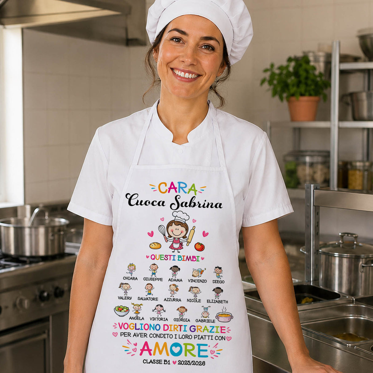 Grembiule bianco indossato, stampa con nome, cuoco cartoon e cuori