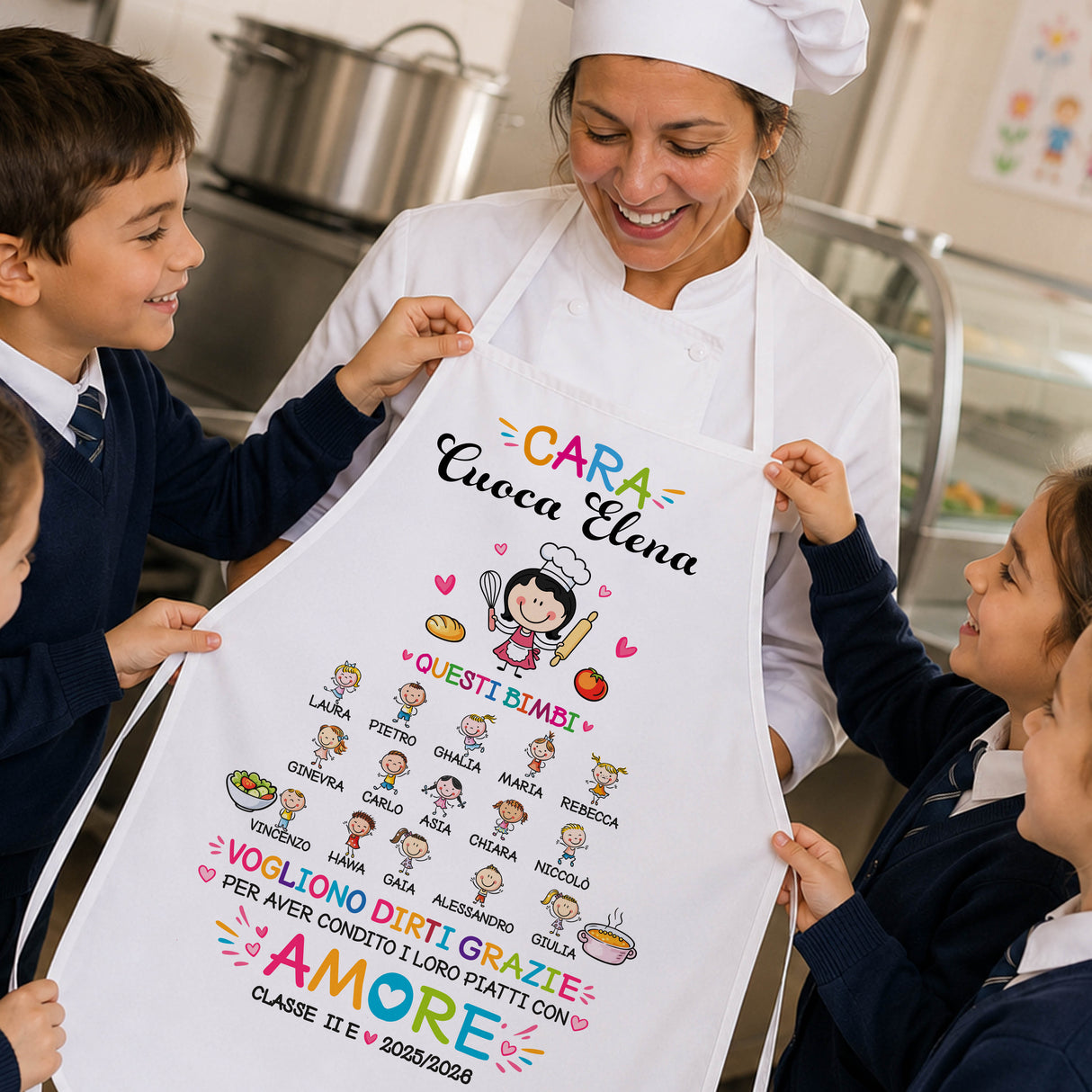 Grembiule bianco personalizzato, stampa con cuoco cartoon e testo «Voglio dirti grazie»