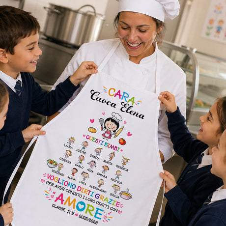 Grembiule bianco personalizzato, stampa con cuoco cartoon e testo «Voglio dirti grazie»