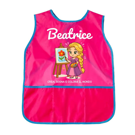 Grembiule da pittura bambina rosa fucsia con bordo turchese e stampa principessa
